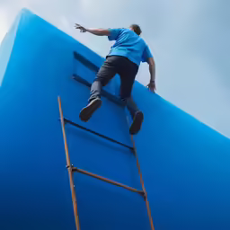 a man climbing on top of a ladder down a wall