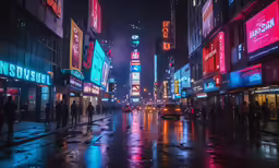 people are walking on a street at night in the city