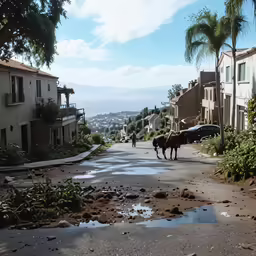 a group of people walking down a road with horses