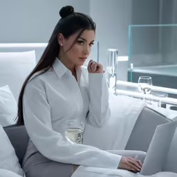 woman sitting in a bed and staring at her laptop