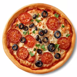 a pizza with olives, tomatoes and cheese