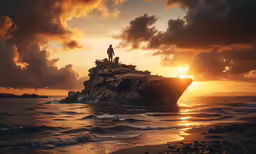the silhouette of a person standing on an island off of the ocean with clouds in the background
