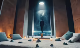 a man standing in an abandoned room with candles in the floor