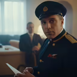 man in uniform holding document with a room in the background