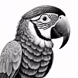 a black and white drawing of a tropical bird