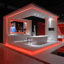 a room filled with white furniture and red lights