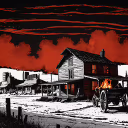 a vintage photo of an old western town at sunset,an old stagecoach buggy sits in front of a red sky