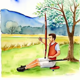 a man sitting under a tree holding a bow and arrow,a man holding an arrow while sitting next to a tree