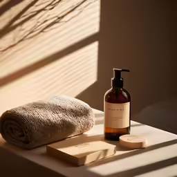 a bottle of soap next to two wooden block soap dispensers