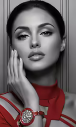 a beautiful woman in a red shirt with her hands on her face