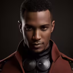 an african american male in an overcoat and with futuristic hair styles