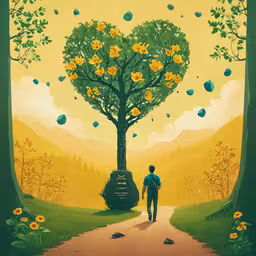 a person walking down a road past a big tree,a man standing on a road surrounded by trees
