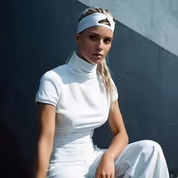 a beautiful blonde sitting on top of a stone bench