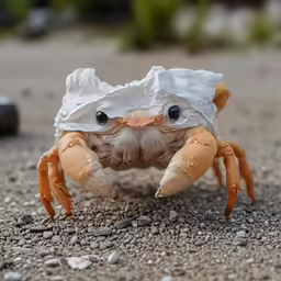a crab with a paper caper over its eyes and nose