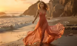 woman in long dress walking on a beach at sunset