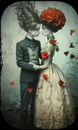 an altered image of two people dressed as victorian era lovers