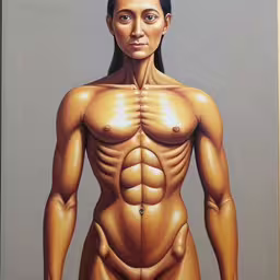 painting of a female body with brown hair,a woman with very large breasts standing by a large scale artwork