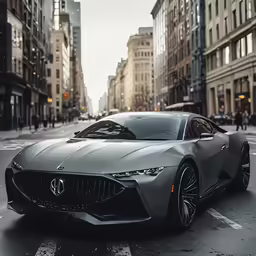 the concept sports car is parked in front of buildings