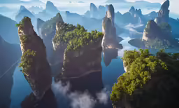 an island with several rocks towering over a river