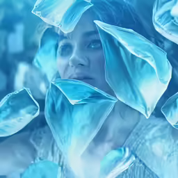 a woman looking behind some very blue leaves