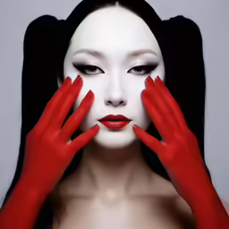 woman with dark hair and red makeup on her hands