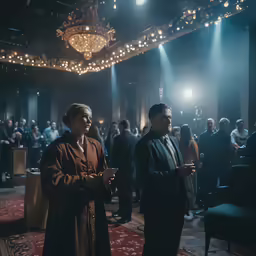 two men stand together and talk at a party