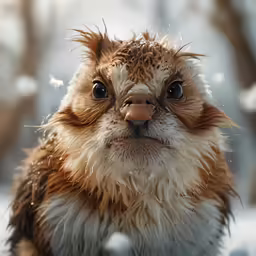 a shaggy brown animal with its eyes closed in the snow