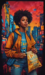 a woman is holding a bag and a coffee cup,a woman is holding shopping bags with a sunset