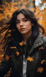 a young woman standing in leaves holding onto her hair