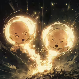 two cartoon figures appear to have fire going in their eyes,the twin babies appear to have flames in their chests