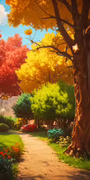 an animated park with a tree, bench and flowers,a path with benches, flowers and trees in the background