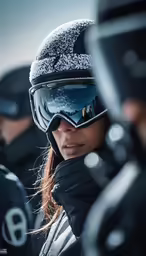 a woman wearing snow goggles is looking on