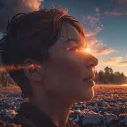 a woman staring up as the sun sets in the background
