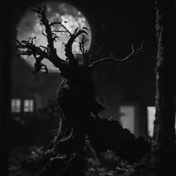 the eerie spooky tree branch from the dark forest at night