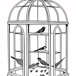 two birds in a birdcage one is black and white,a bird in a cage, with a small bird inside of it
