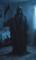 an evil man dressed in black holding a giant scab - like axe