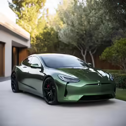the front of a green sports car in a driveway
