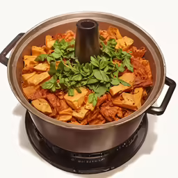 a pot full of red sauce with some greens on top of it