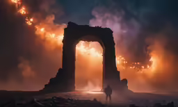 a person stands in front of a lava fountain