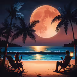 a couple sits at the beach and reads while the moon sets,two people are sitting under palm trees on a beach under the moon