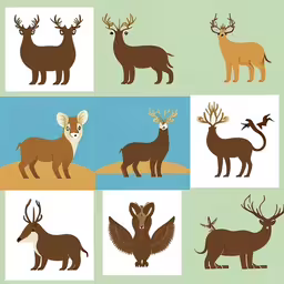 a series of six different kinds of animals,four different types of deer on a blue, brown and green background