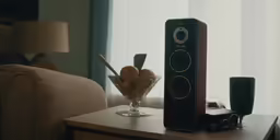 the speakers are next to a vase and bowl with fruit
