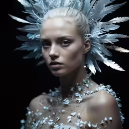 an artistic, unique photo of a woman with feathers on her head