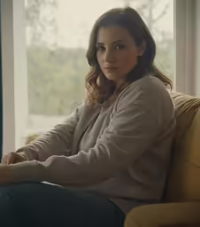 woman sitting on couch with hand on the elbow near window