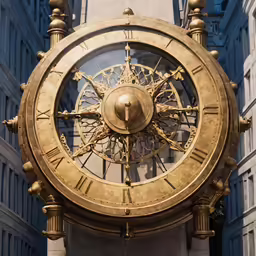 a gold clock is in front of a blue building