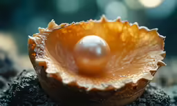 a pearl and piece of material sit in an oyster