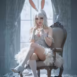a woman in bunny ears sitting on a chair