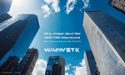 a view looking up at skyscrapers, clouds and sky