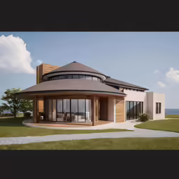 a modern design house has a circular patio area