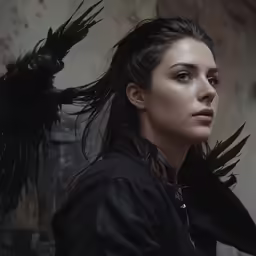 a woman wearing a black leather jacket with birds on her head